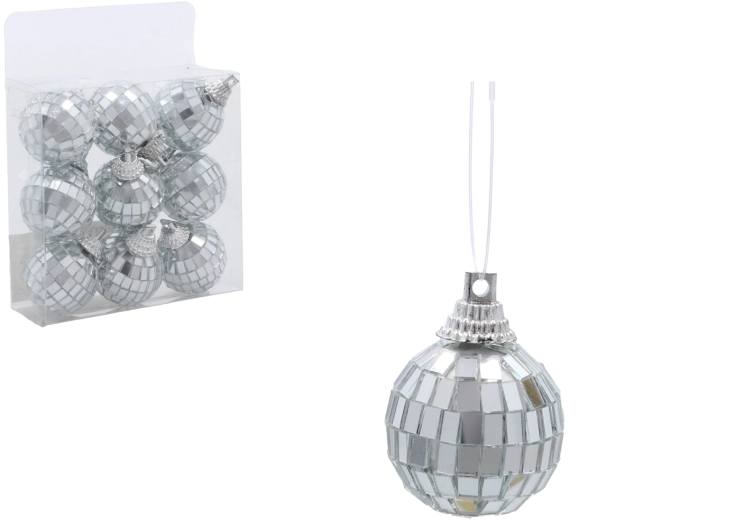 Zestaw srebrnych dyskotekowych bombek świątecznych 3 cm – 9 szt.