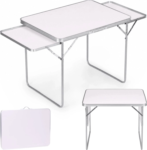 Składany stół kempingowy MultiGarden 120 × 60 cm z 2 bocznymi półkami, biały