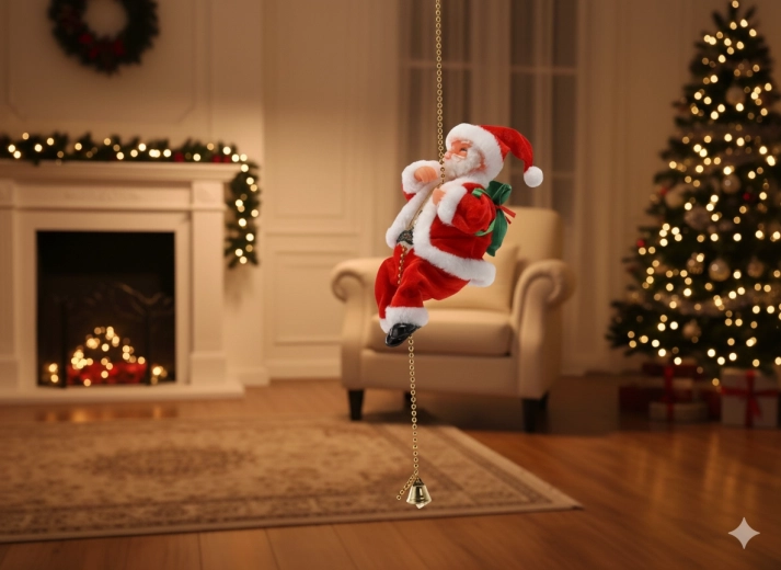 Świąteczny wspinający się Mikołaj na złotym łańcuszku z dzwoneczkiem 20,5 cm