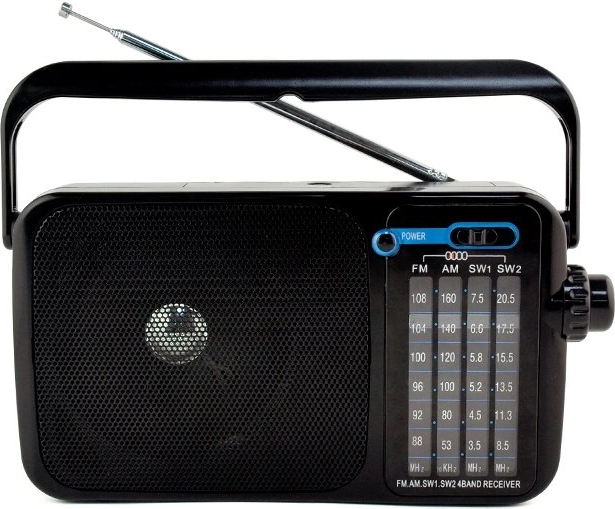 Przenośne radio AM/FM z zasilaniem sieciowym i bateryjnym oraz AUX