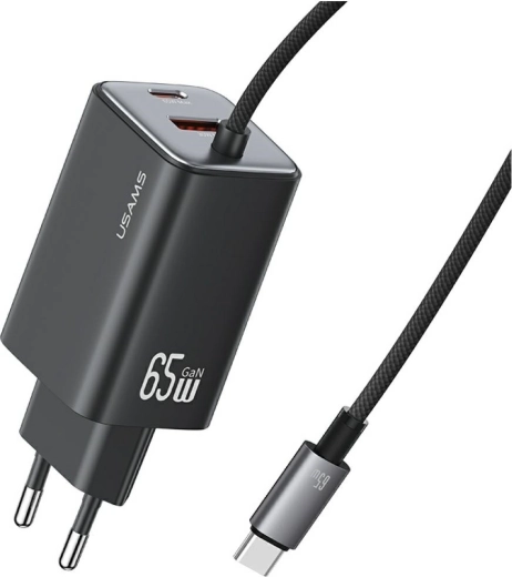 USAMS seria JC ładowarka sieciowa GaN 65 W ze zintegrowanym kablem USB‑C (2× USB‑C, 1× USB‑A), czarna