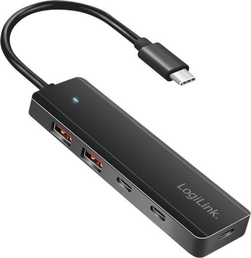 Ultracienki hub USB‑C, 4‑portowy (2× USB‑A, 2× USB‑C), czarny