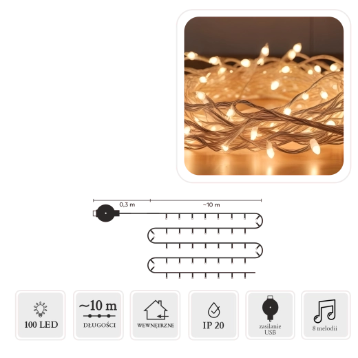 LED łańcuch z melodią USB, 100 świateł, multicolor, 10 m