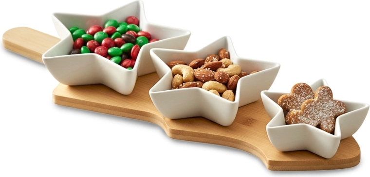 Porcelanowe miseczki na przekąski na bambusowej tacy, zestaw 4‑częściowy
