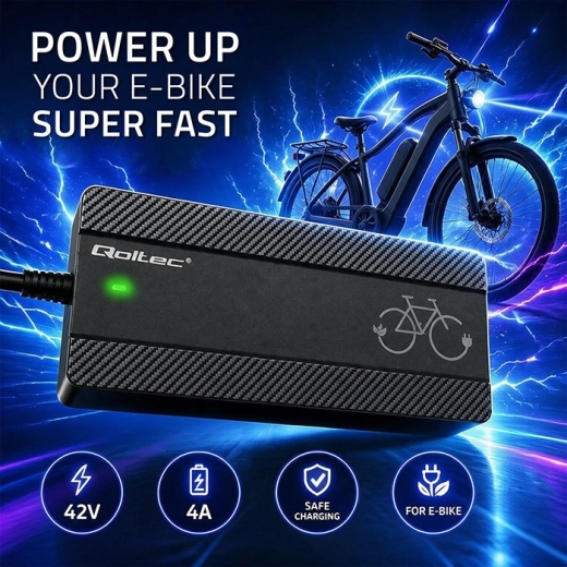 Ładowarka do roweru elektrycznego Qoltec 36 V, 42 V, 4 A ze złączem Bosch i przewodem zasilającym