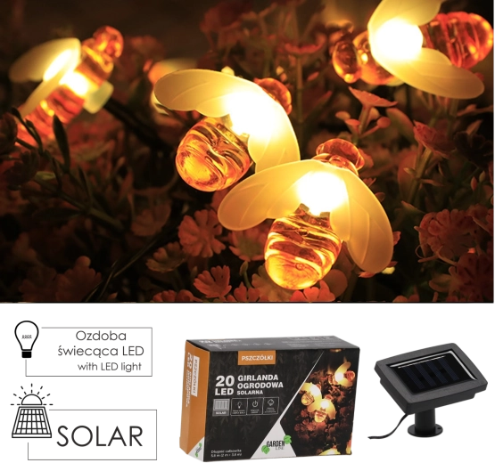 Solarna ogrodowa girlanda świetlna pszczółki 20 LED ciepła biel, 5,8 m