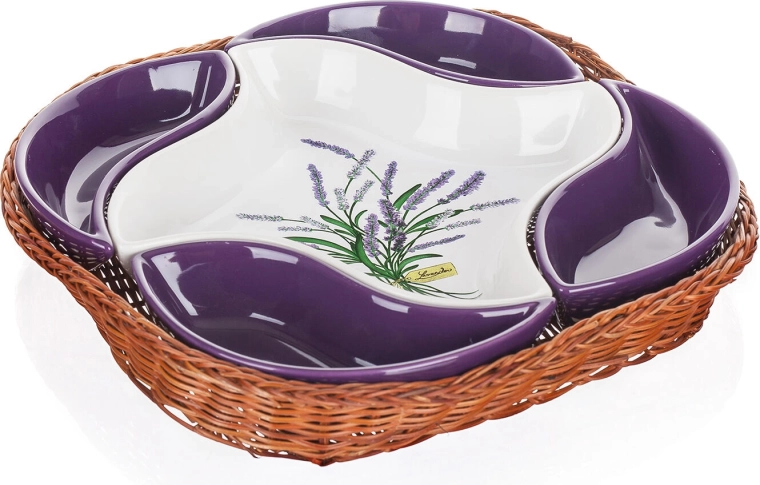 Zestaw ceramicznych misek LAVENDER w wiklinowym koszyku 5 szt. (28 × 28 cm)