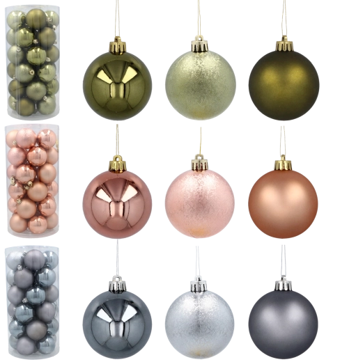 Zestaw 30 bombek choinkowych 6 cm – oliwkowe, miedziane i grafitowe