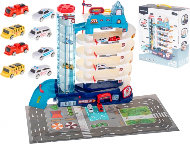 Wielopoziomowy parking dla autek z elektryczną windą, 5 poziomów + mata do zabawy i 8 aut