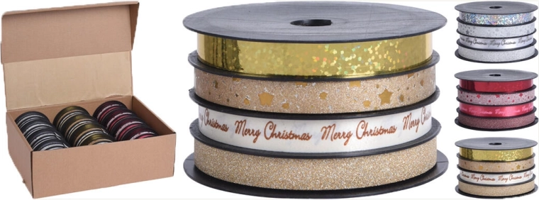 Błyszcząca wstążka do wiązania 4 m × 1 cm, mix srebrna/złota/czerwona (4 szt.)