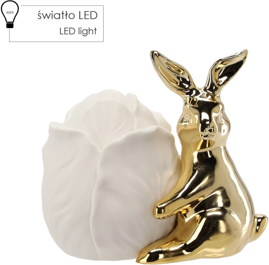 Wielkanocny ceramiczny zajączek ze złotą powłoką i kwiatem LED