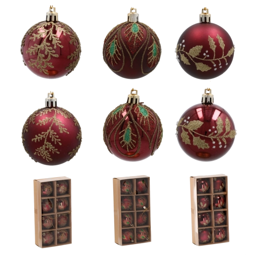 Zestaw bordowych bombek choinkowych 6 cm ze złotym roślinnym wzorem – 8 szt.
