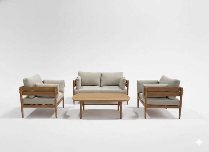 Aluminiowy zestaw wypoczynkowy ogrodowy Podgorica, 4 części (sofa, 2 fotele, stolik kawowy) – brązowa konstrukcja, beżowe poduszki