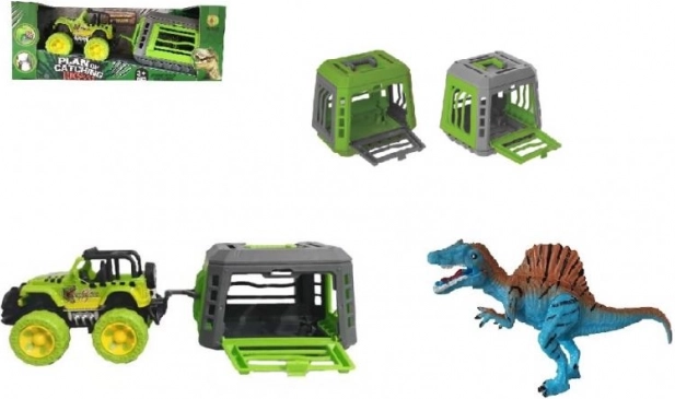 Jeep z przyczepą i dinozaurem