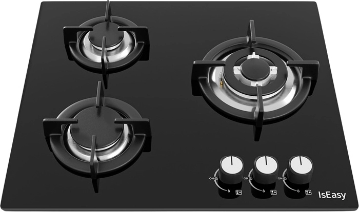 Płyta gazowa do zabudowy ISEASY z 3 palnikami, czarne szkło, ruszty żeliwne