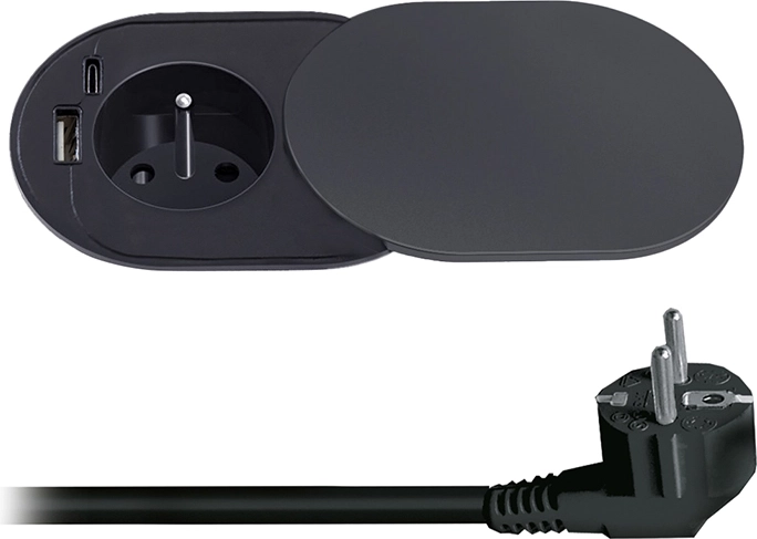 Solight gniazdo wpuszczane 230 V z USB-A i USB-C 20 W PD z przesuwną pokrywką, 2 m, matowa czerń