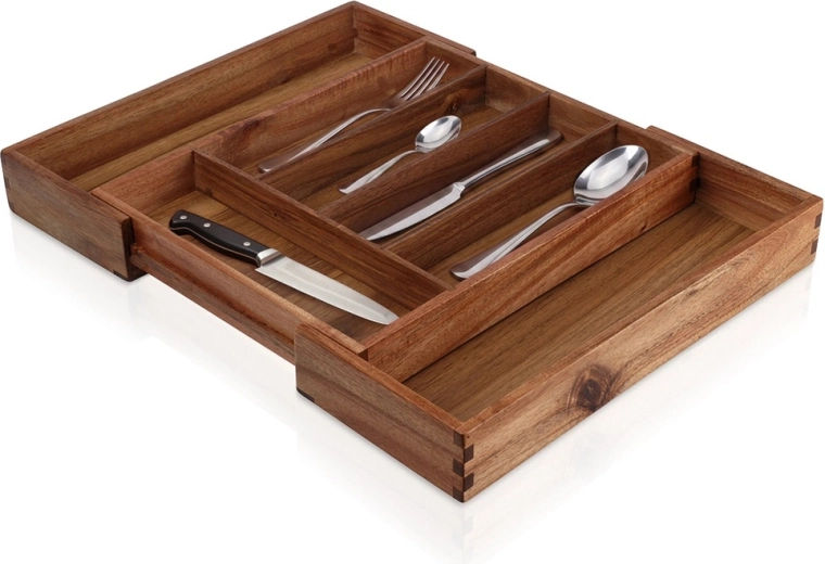 Rozsuwany drewniany wkład na sztućce do szuflady z drewna akacjowego 28–45 × 34 cm