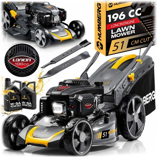 Spalinowa kosiarka z napędem 51 cm, kosz 70 l, silnik LONCIN 196 cm³ + olej Humberg HM-601