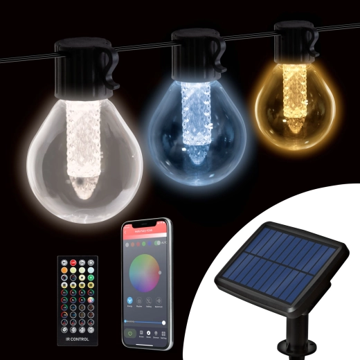 Inteligentny solarny łańcuch świetlny z 15 białymi żarówkami LED, Bluetooth i regulowaną temperaturą barwową światła