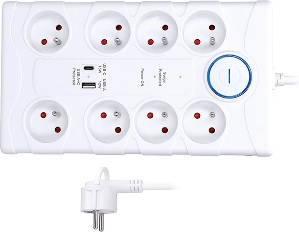 Solight listwa przeciwprzepięciowa z 8 gniazdami oraz USB-A/USB-C, 2 m, biała