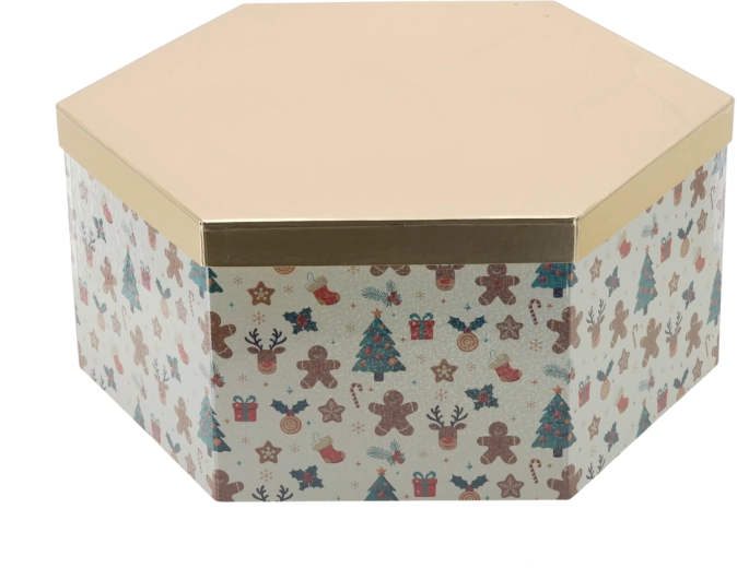 Świąteczne pudełko prezentowe heksagon ze złotym wieczkiem 33 × 28,5 × 12 cm - 1 sztuka