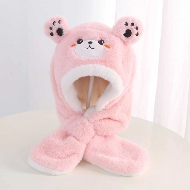 Dziecięca pluszowa czapka z szalikiem – niedźwiedź – Jasnoróżowy