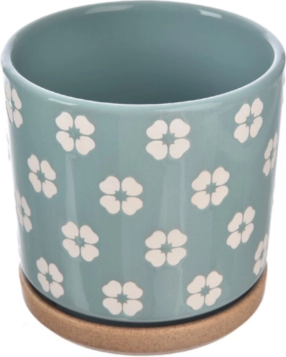Ceramiczna osłonka na doniczkę z motywem kwiatuszka, zielona 15 × 15 × 15 cm