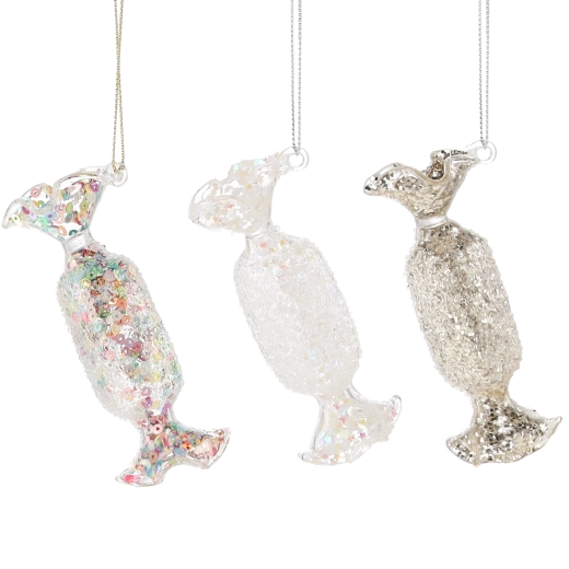 Szklana świąteczna ozdoba cukierek, przezroczysta, 3,8 × 9,3 cm, zestaw 6 szt.