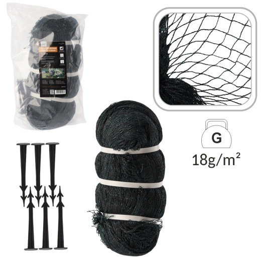 Siatka ochronna przeciw ptakom 5 × 10 m, 18 g/m² + 10 plastikowych kołków