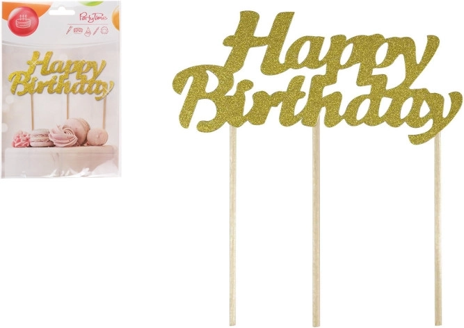 Złoty topper do tortu Happy Birthday z brokatem