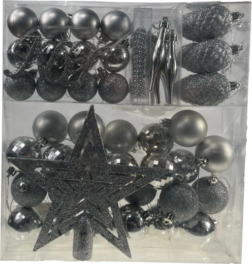 Zestaw srebrnych ozdób świątecznych 48 szt.