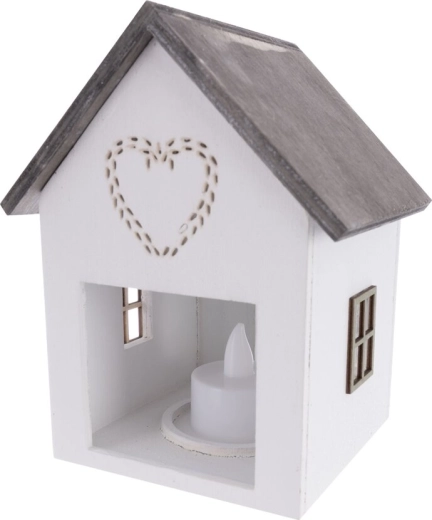 Drewniany dekoracyjny domek z wbudowanym oświetleniem LED, biały, 15 cm