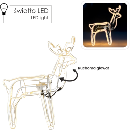 Świąteczny renifer LED z ruchomą głową 64 × 22 × 70 cm, ciepła biel, do wnętrz i na zewnątrz