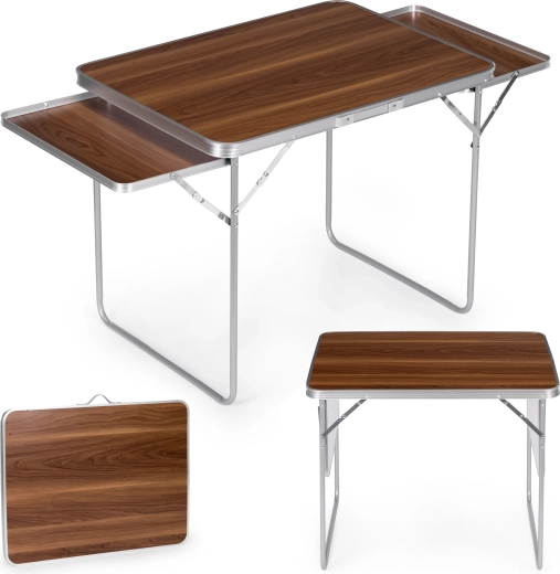 Składany stół kempingowy MultiGarden 120 × 60 cm z 2 bocznymi półkami, brązowy