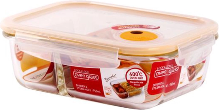 Szklane naczynie żaroodporne z przegrodą i pokrywką 950 ml z borokrzemowego szkła