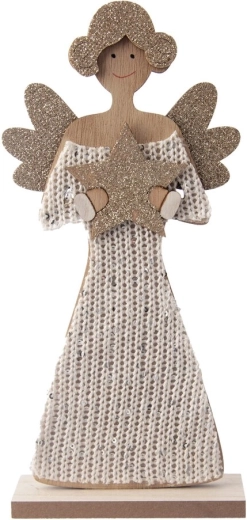 Anioł – dekoracja z drewna i wełny, brązowy, 26 cm