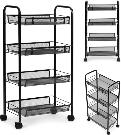 Czarny metalowy organizer półkowy do kuchni lub łazienki, 4 półki na kółkach, ModernHome