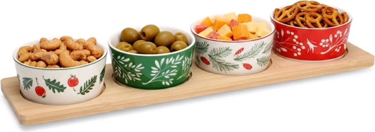 Porcelanowe miseczki do przystawek na bambusowej tacy, zestaw 5 szt.