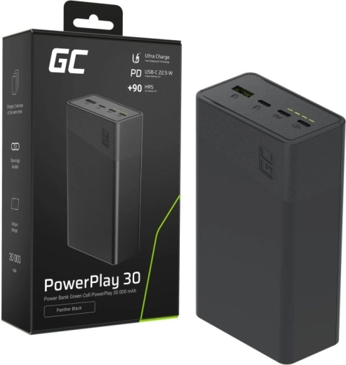 Powerbank 30000 mAh, 22,5 W, 4 porty, czarna