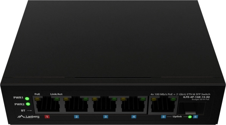 Lanberg lekki przemysłowy przełącznik PoE na szynę DIN 4× Fast Ethernet + 1× Gigabit uplink + 1× SFP (PoE++ 90 W)