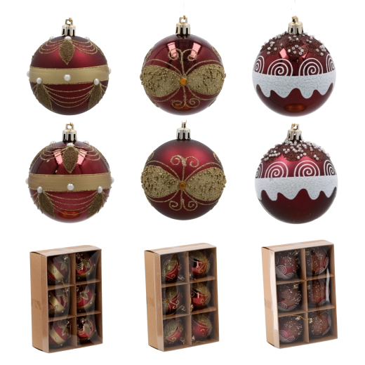 Zestaw świątecznych ozdób burgundowych 7 cm – 6 szt., nietłukące z perełkami i złotymi detalami