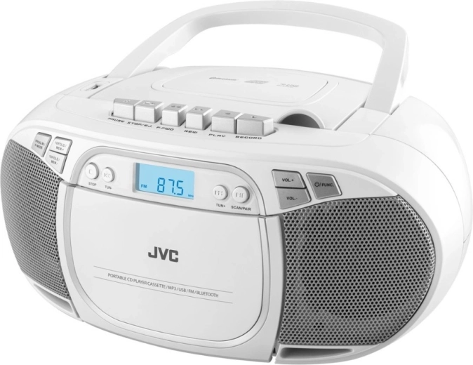 Przenośny boombox JVC z CD, kasetą, Bluetooth i USB – biały