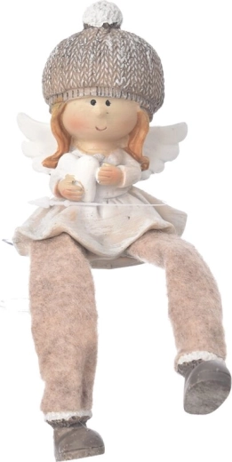 Siedzący aniołek z polystone w czapeczce, beżowy, 10 cm
