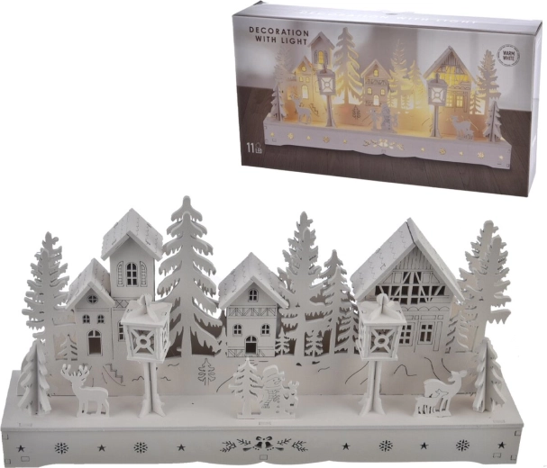 Drewniany domek z oświetleniem LED, biały, 30 cm