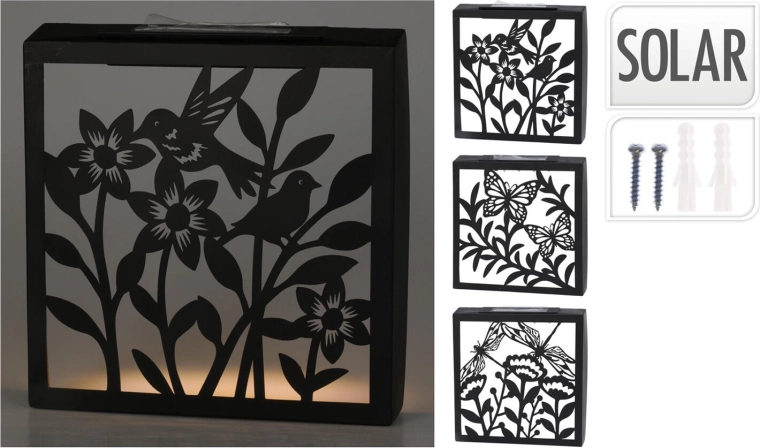 Solarny ścienny dekor LED – kwadratowy metalowy w czerni ze złotym wnętrzem 26 × 26 × 5 cm