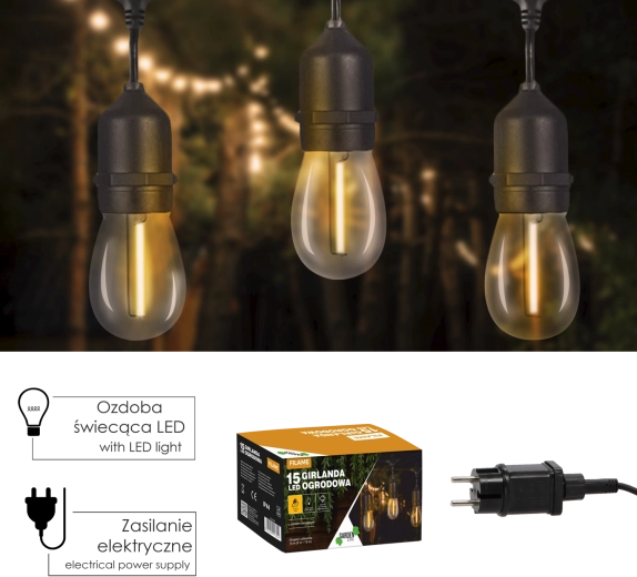 Ogrodowa girlanda świetlna z pilotem 24 V, 18 m, 15 LED ciepła biel