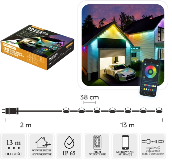 Inteligentna girlanda LED 36 RGB, multikolor, 15 m, IP65, do wnętrz i na zewnątrz