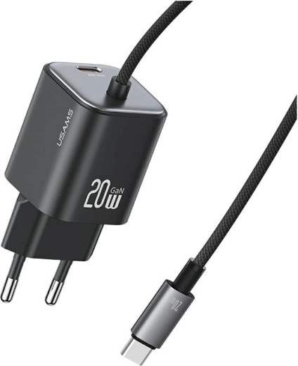 USAMS seria JC mini ładowarka sieciowa GaN 20 W z wbudowanym kablem USB‑C (2× USB‑C), czarna