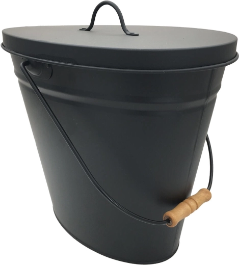 Pojemnik na popiół 20 l czarny z pokrywą i drewnianym uchwytem