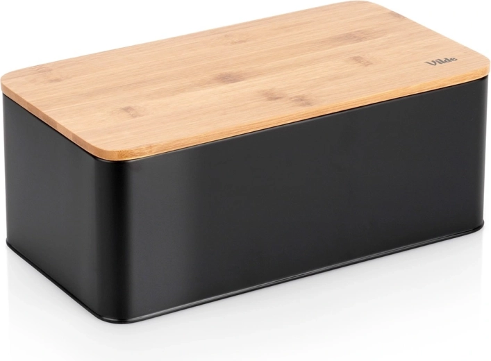 Metalowy chlebak z bambusową pokrywką, czarny 33 × 18 × 13 cm
